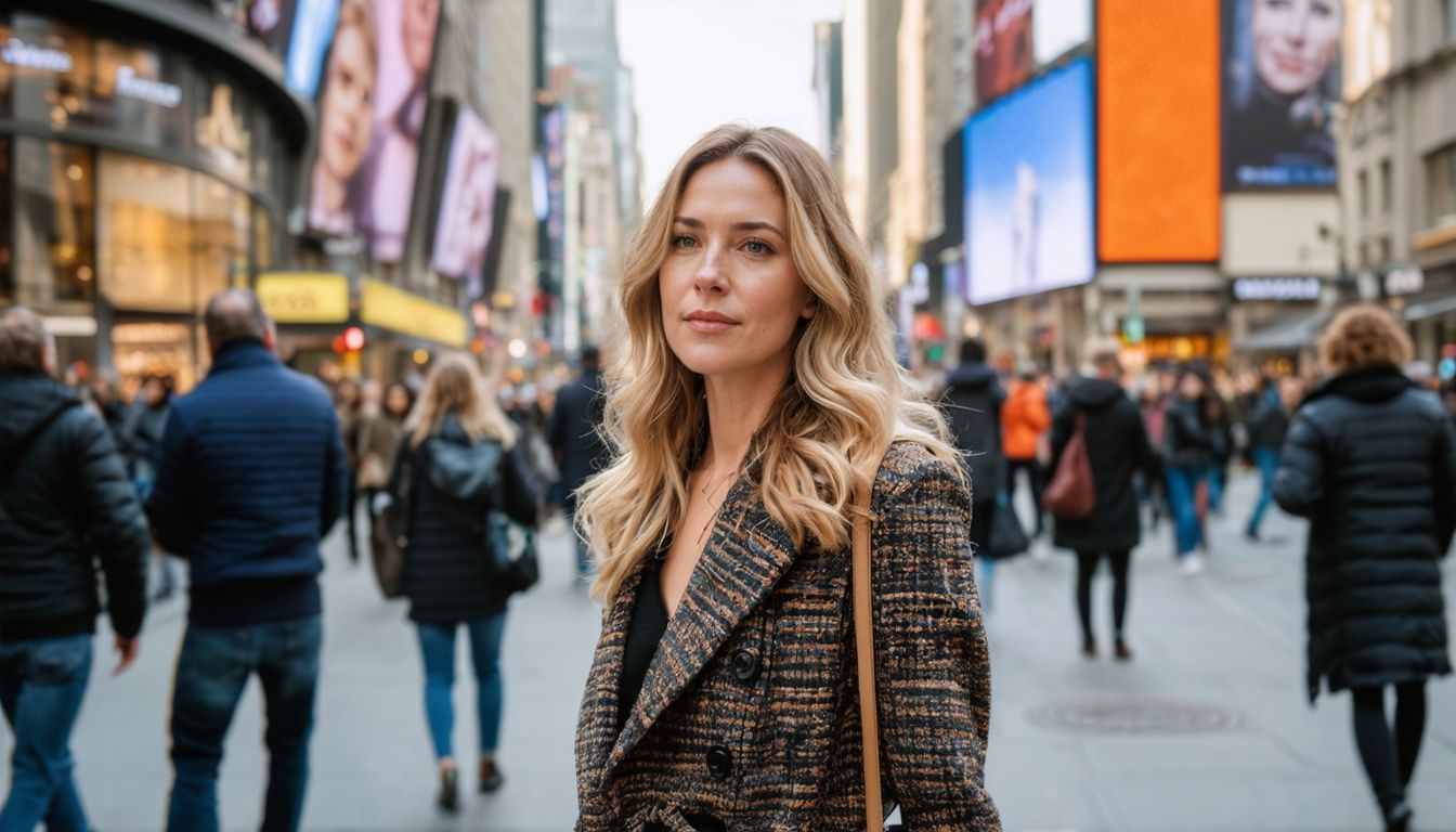 A woman confidently walks down a city street, wearing pheromone perfume and attracting the attention of passersby.