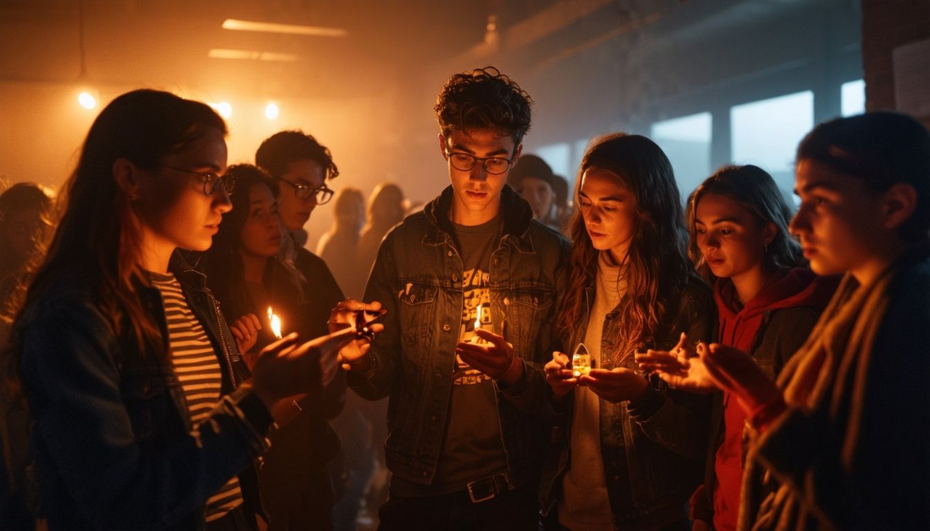 Group of young adults react to scent samples in dimly lit room, exploring pheromones and attraction.