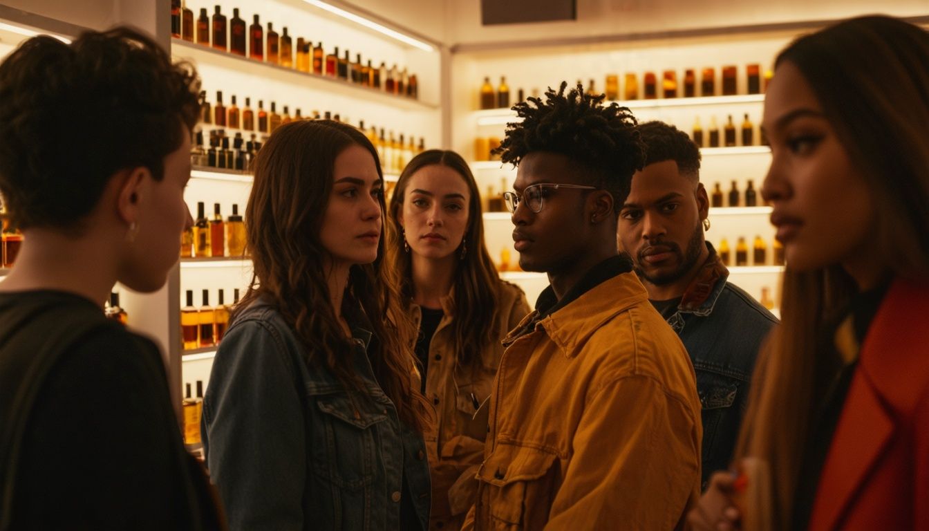 A diverse group tests pheromone perfumes in a perfume store