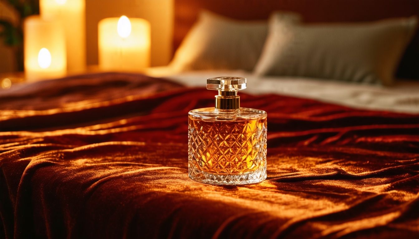 A glass bottle of sensual amber perfume on a velvet-covered vanity table in a dimly lit bedroom.