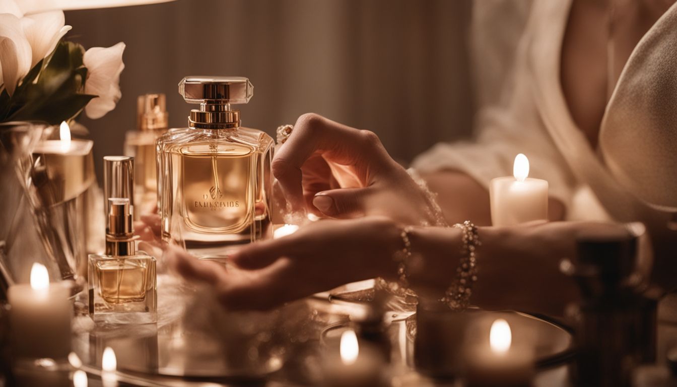 A mid-30s woman spritzing perfume at a vanity table surrounded by various bottles.