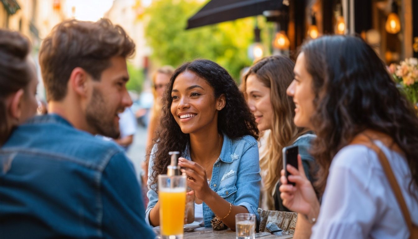 A diverse group of friends captivated by a woman wearing pheromone perfume at a cafe.