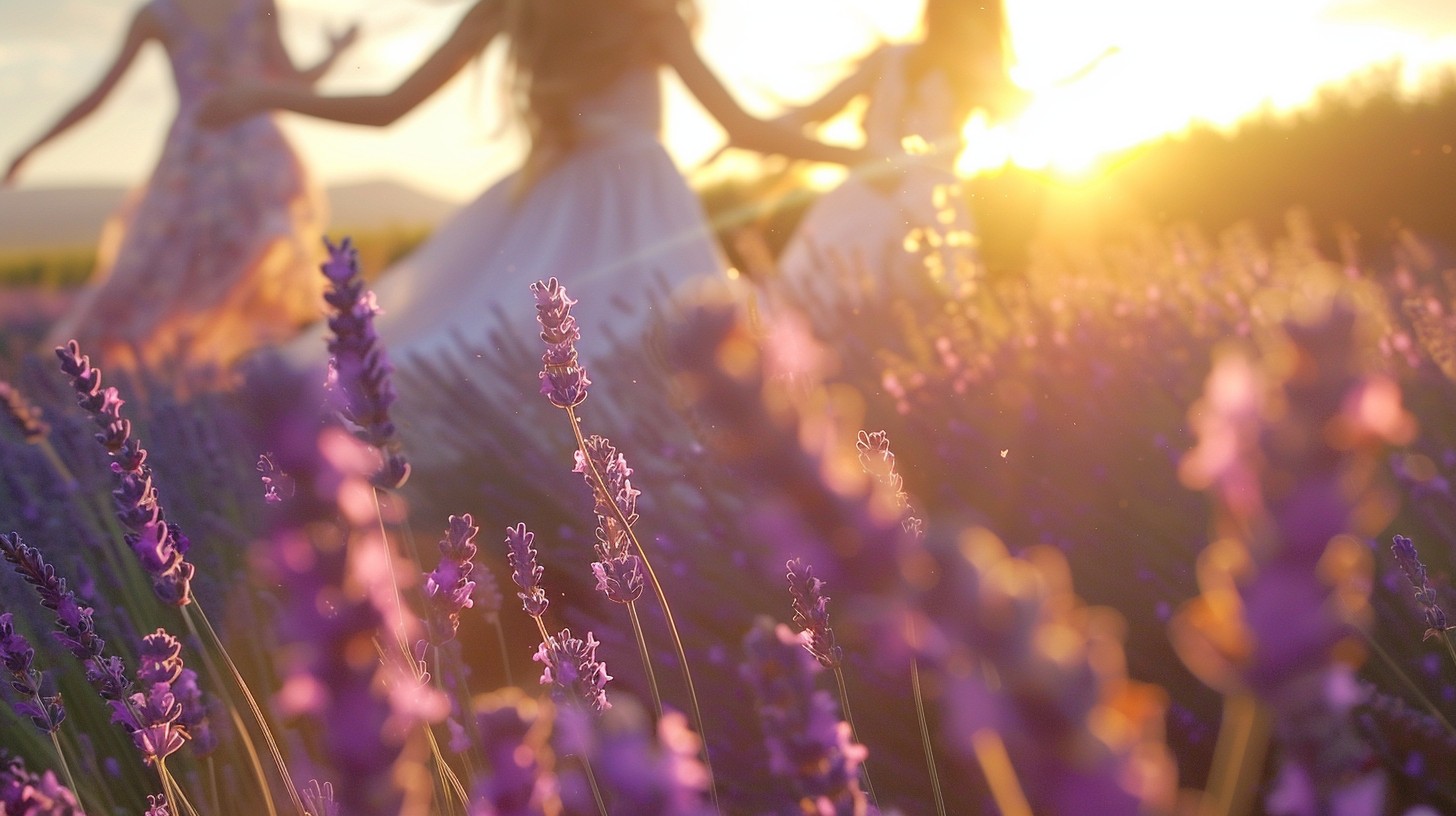 Wonderful breathtaking blooms of fresh lavender golden honey colors and happy beautiful girls dancing in the background