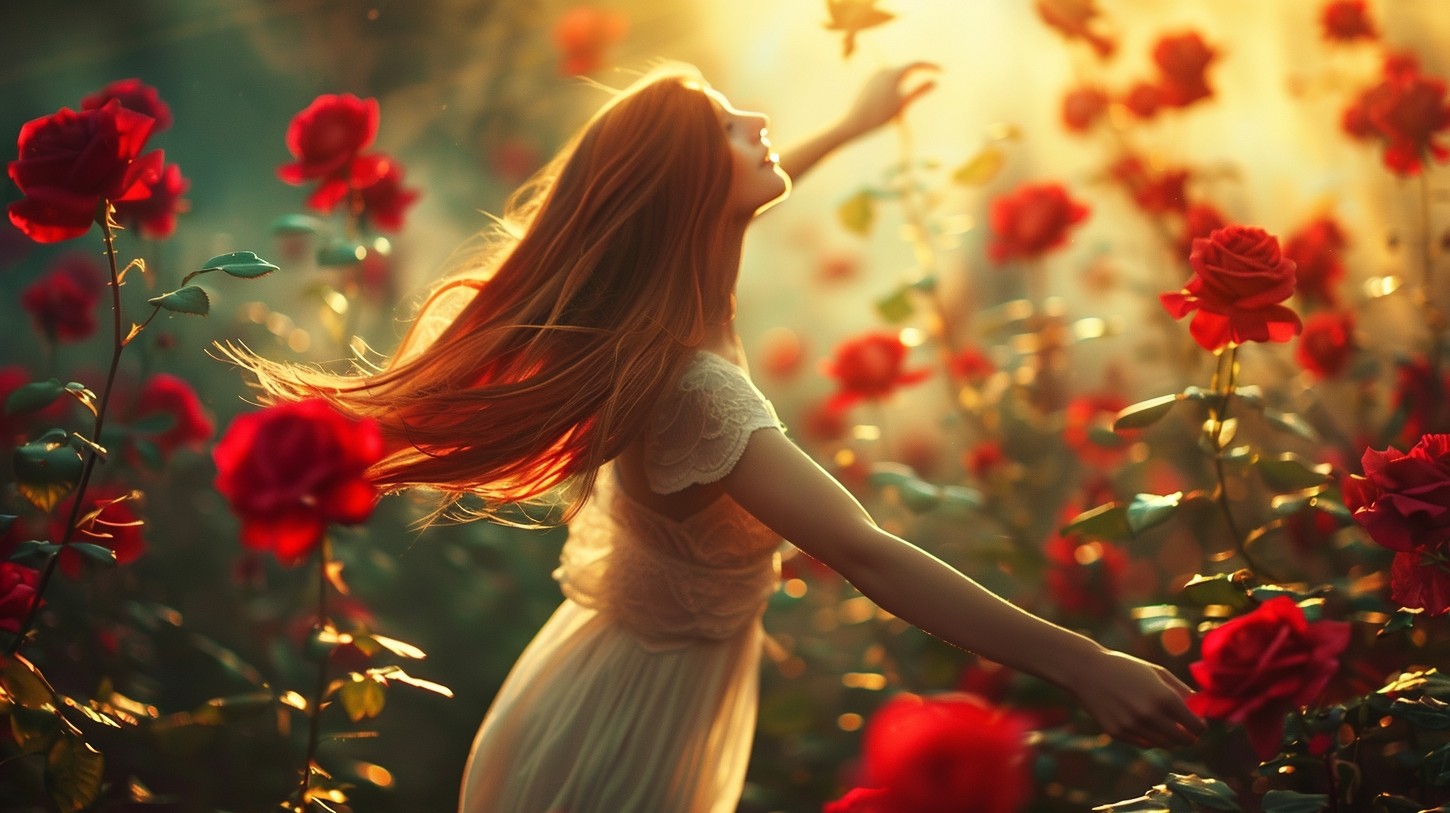 bunch of fresh red roses closeup a dreamy garden and happy beautiful girl dancing