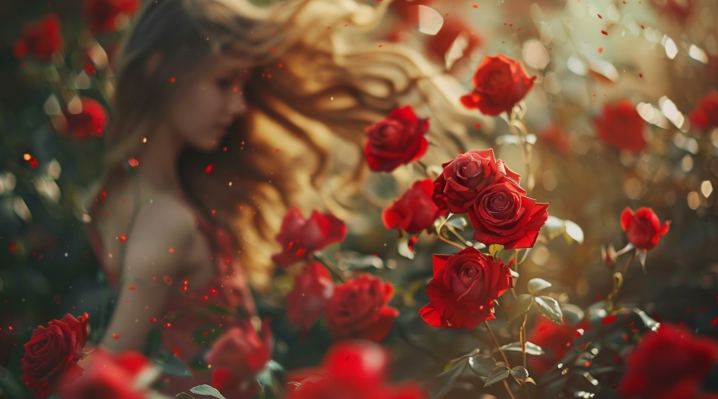 Wonderful breathtaking bunch of fresh red roses closeup a dreamy garden and a girl silouette in the background