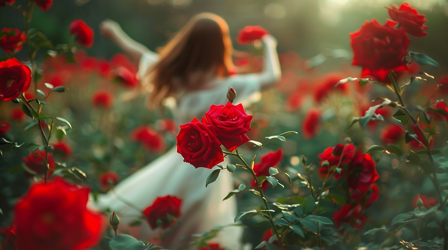 Wonderful breathtaking bunch of fresh red roses closeup a dreamy garden and happy girls dancing in the background