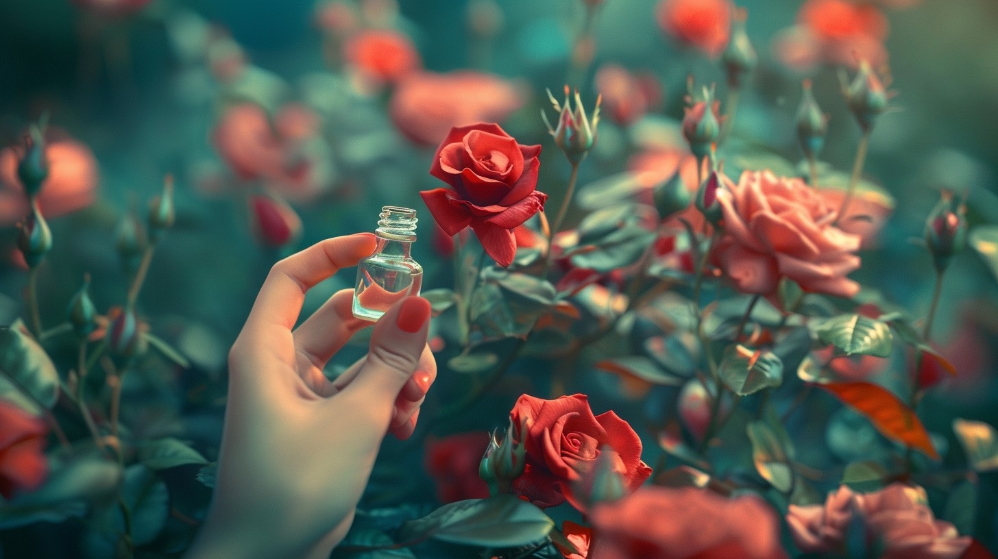 Wonderful breathtaking bunch of fresh red roses closeup and a girl holds a vial of rose oil in her hand a dreamy rose garden in the background