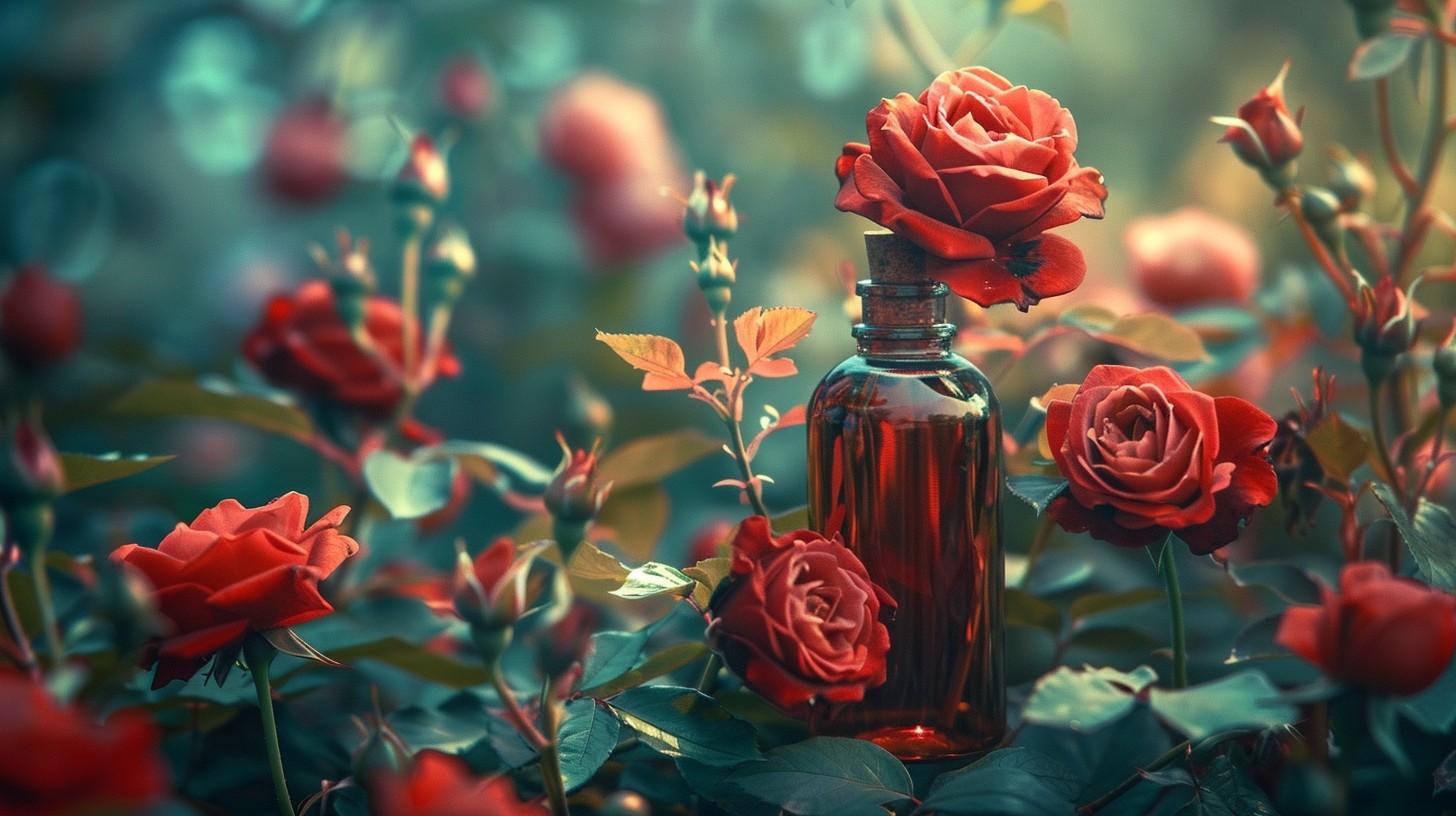 Wonderful breathtaking bunch of fresh red roses closeup and a vial of rose oil with a dreamy rose garden in the background