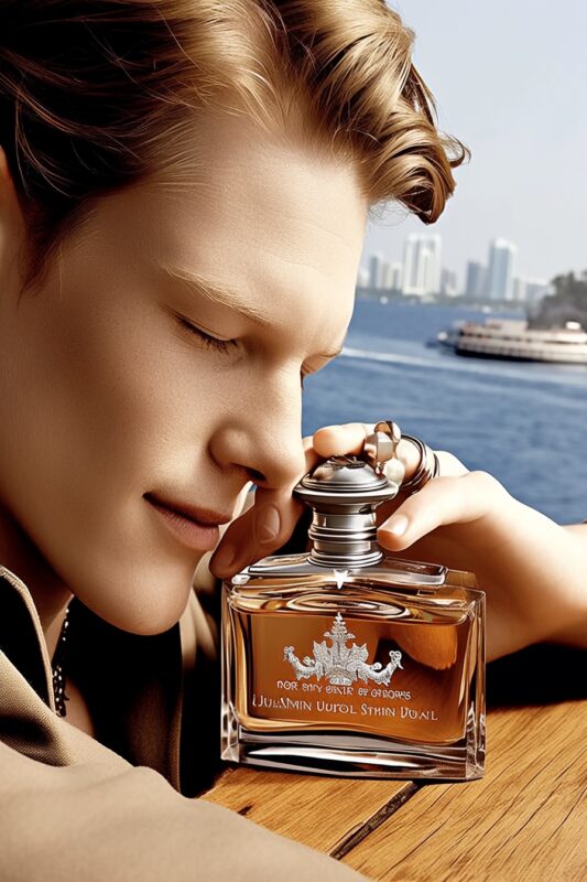 a young man is smelling an expensive perfume close-up