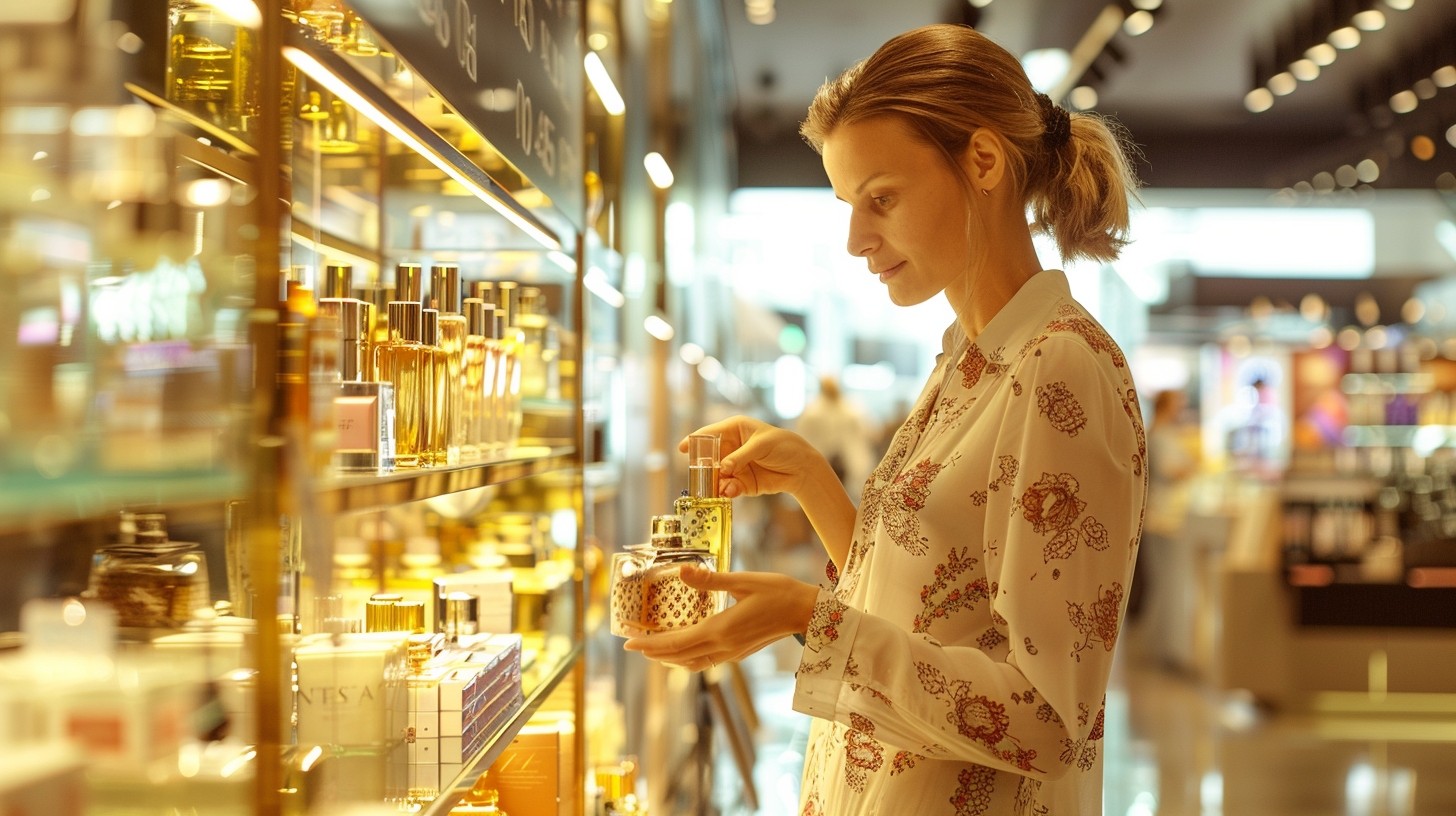 beautiful woman in Sephora store in luxury perfumes department