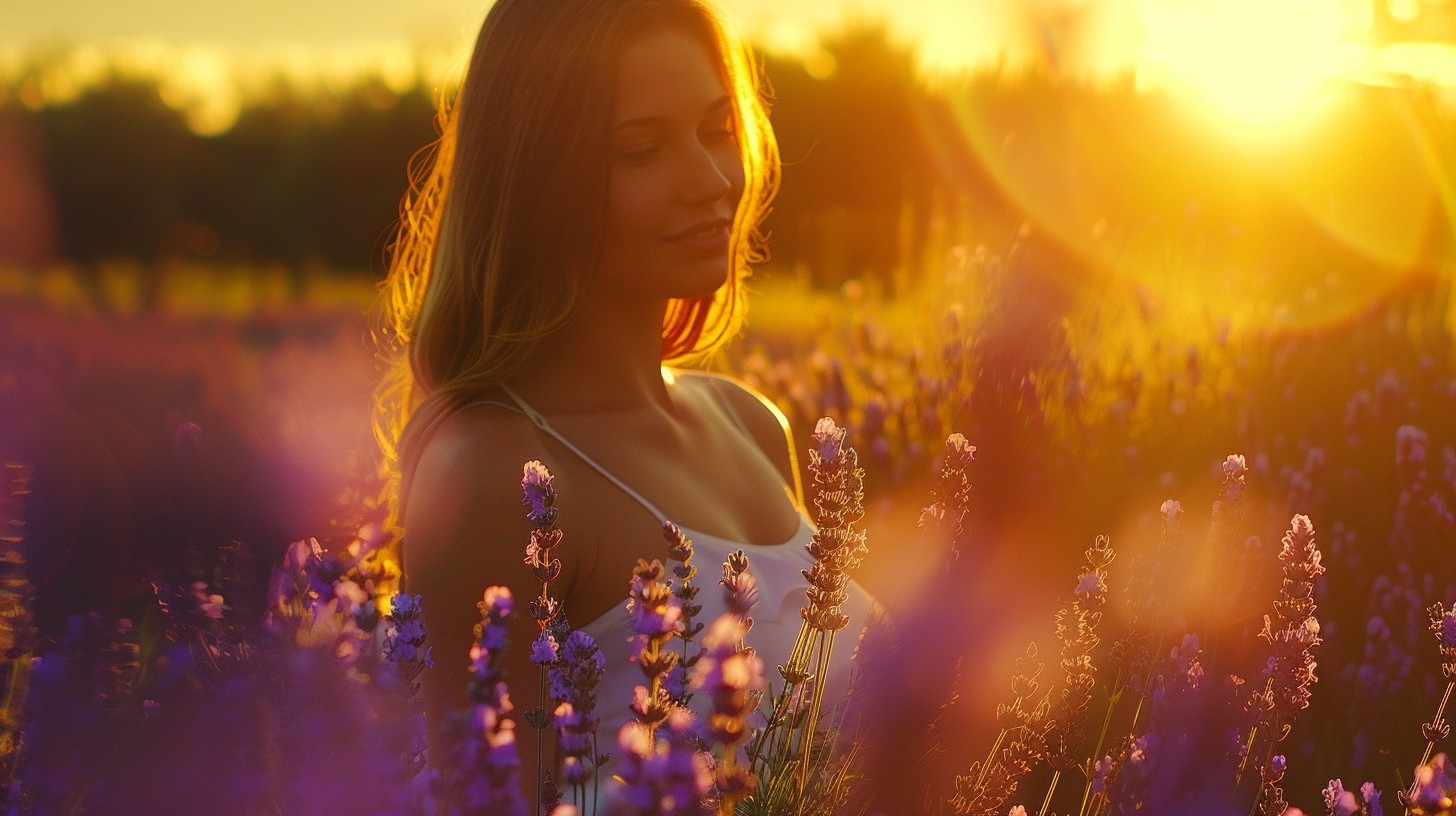 golden honey sunset and lavander flowers with beautiful girl portrait