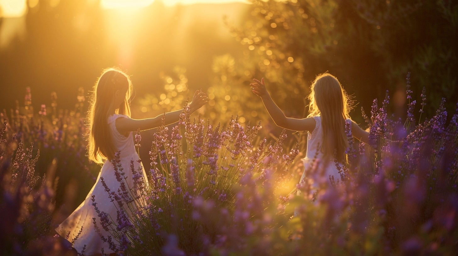 lavender field golden honey sunset and happy beautiful girls dancing in the background