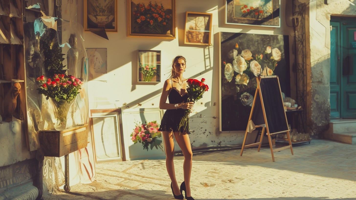a girl holding a bunch of roses standing in the corner of the street in Italy with paintings on the walls, soft vanilla color