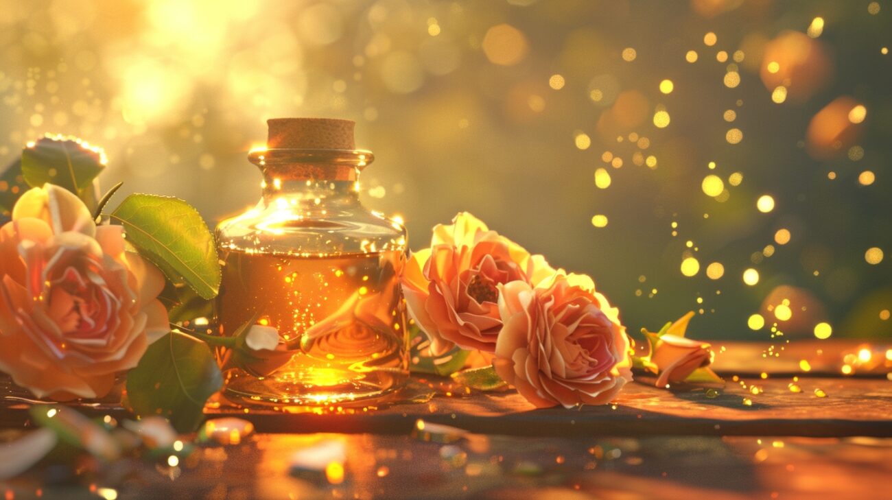 natural honey and blooming roses a tiny glass bottle in front honey puddle and drops around