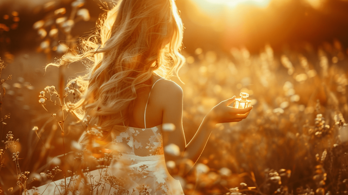A dream girl in a light summer sleeveless dress with long waivy hair holds a small crystal bottle of amber color perfume on her hand palm