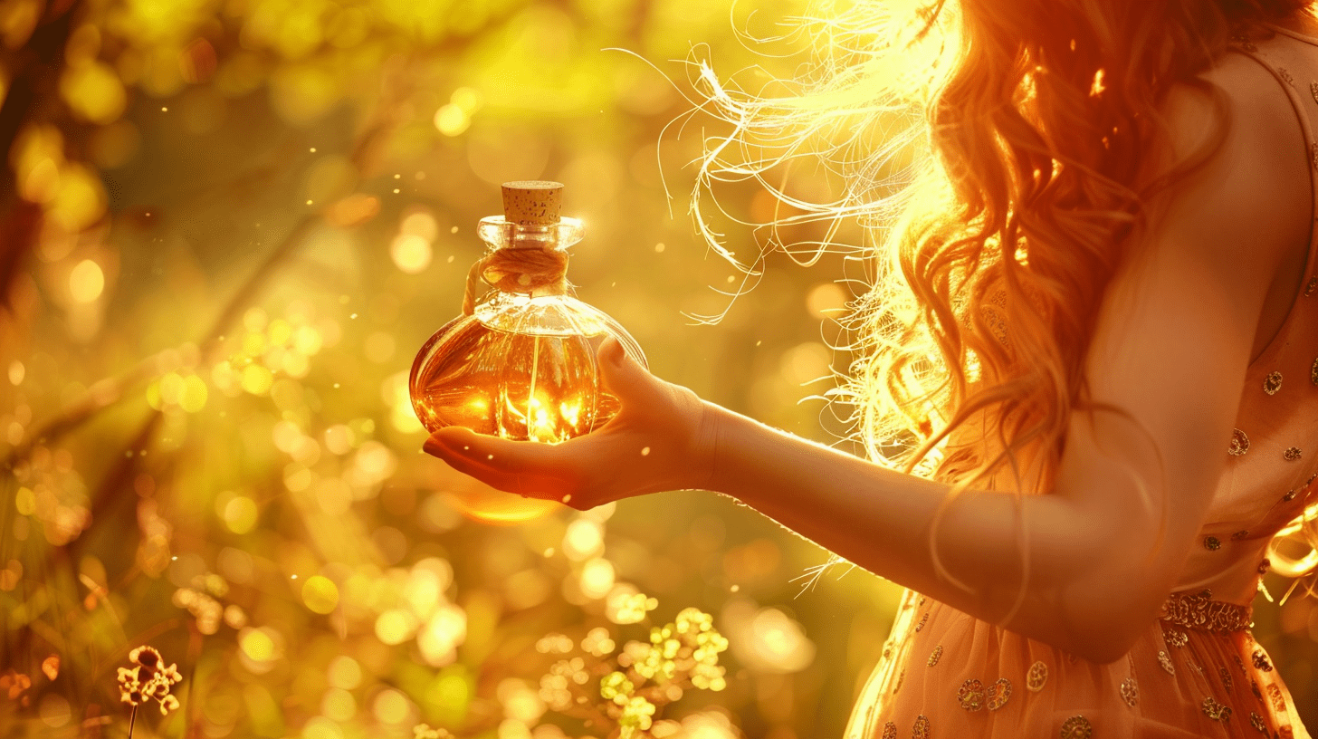 A girl in a light summer sleeveless dress with long waivy hair holds a crystal bottle of fragrance of amber color, sunrays get through her hair and bottle

