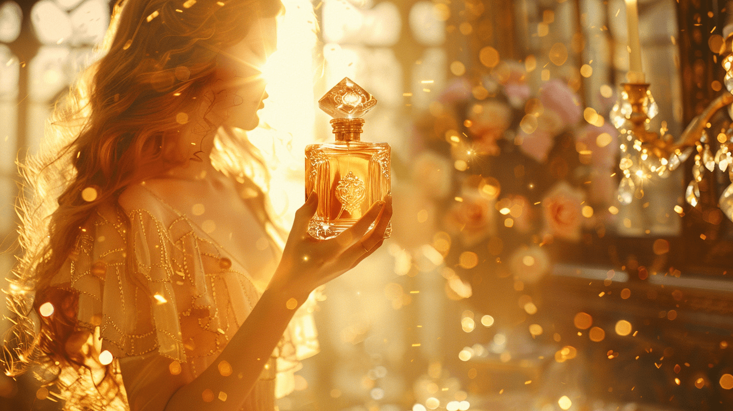 A girl in a light summer  dress with long waivy hair holds a crystal bottle of fragrance of amber color, all in golden amber colors

