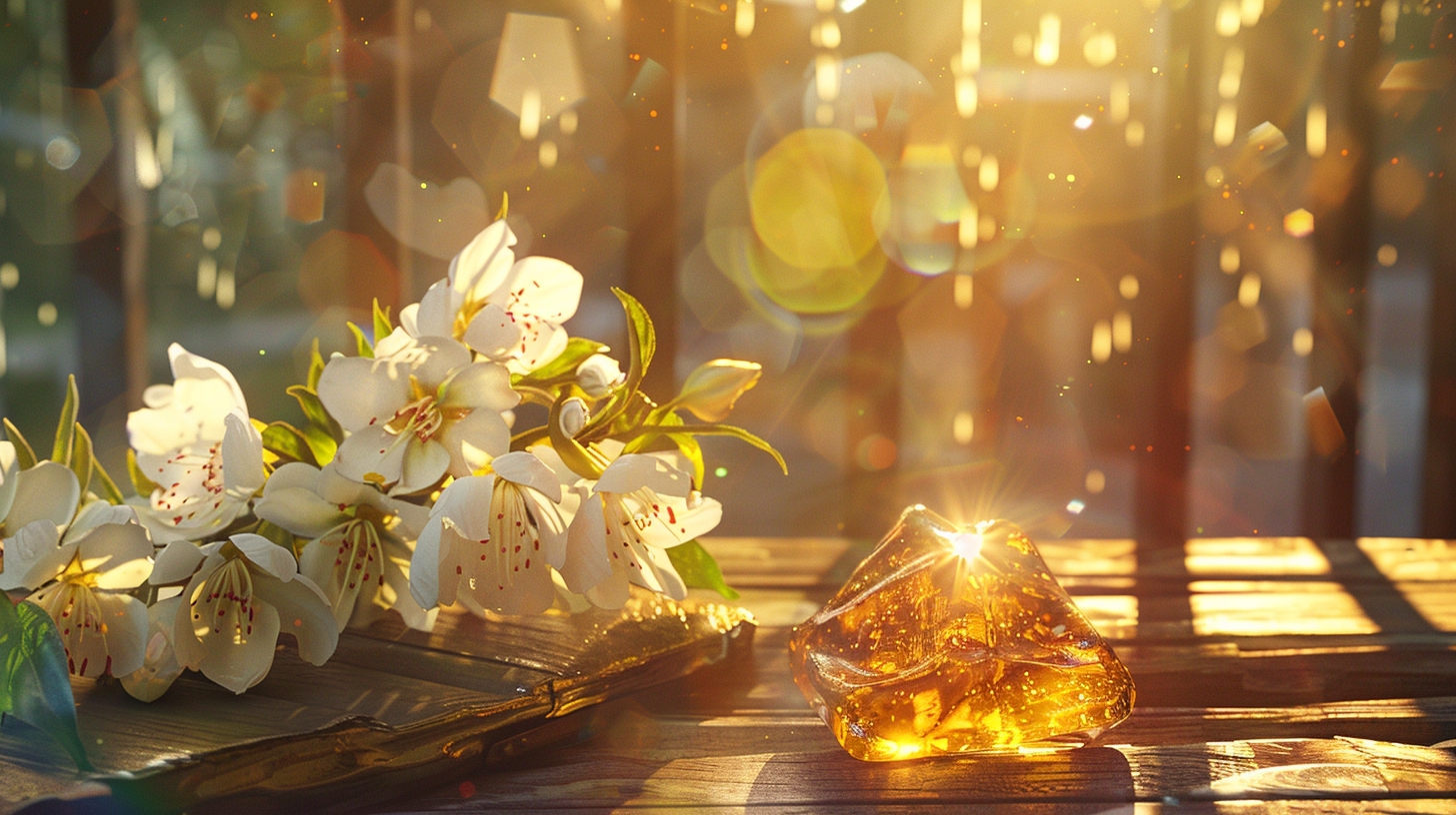 close-up photo of white musk flowers and raw lump amber lit by sunrays on the raw wood table