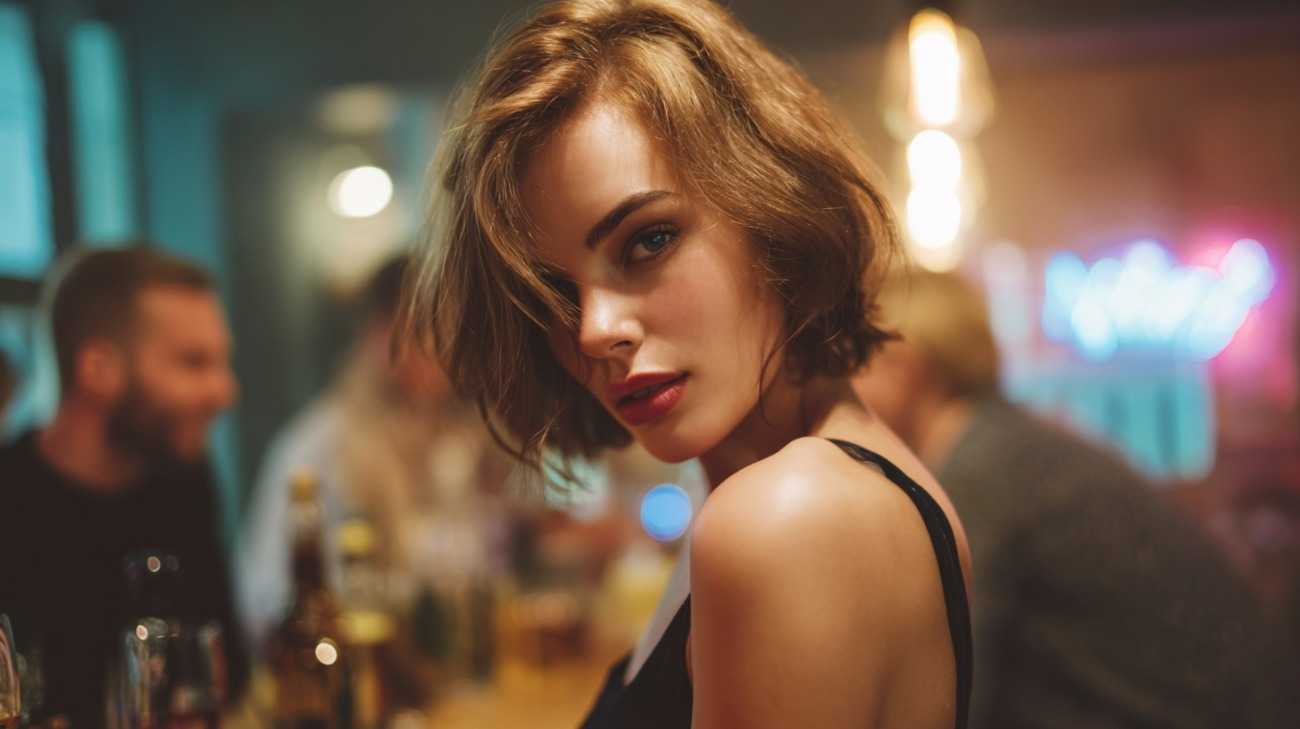 sophisticated woman entering a chic cocktail bar,