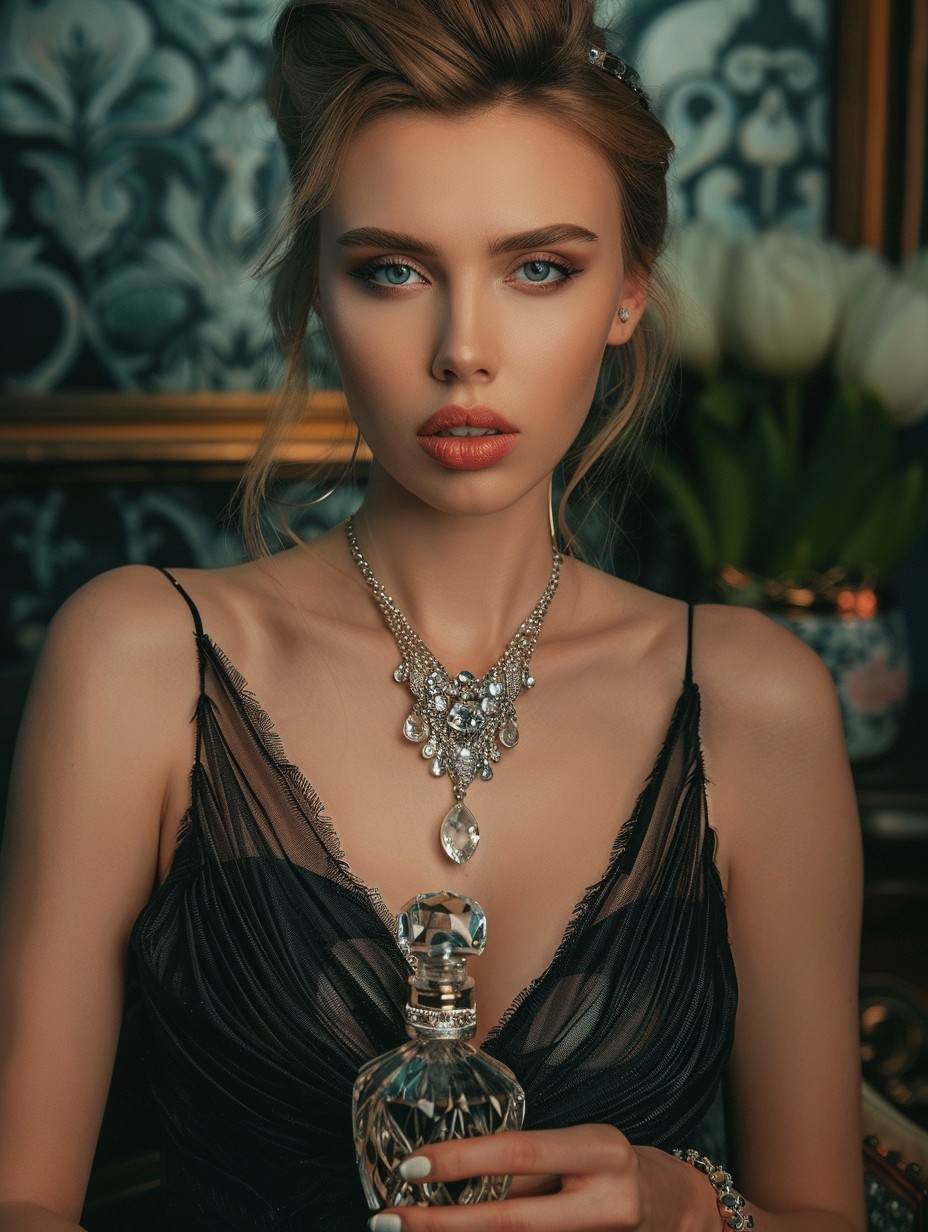 young model is posing in gown and jewelry for a fashion magazine presenting amber vanilla perfume bottle