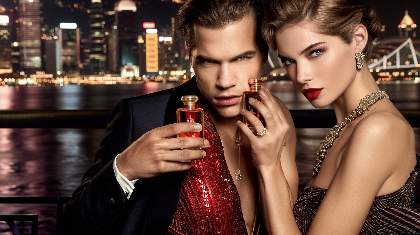 A couple of top fashion models modeling for the expensive perfume campaign on a boat