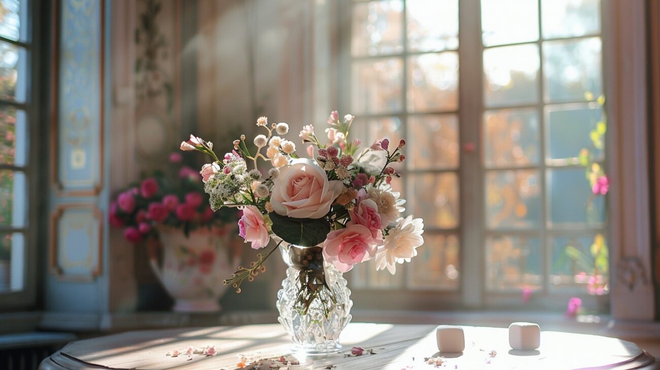 A crystal bucket of Flowers and a vase with freshest marshmallow in an Italian style hall