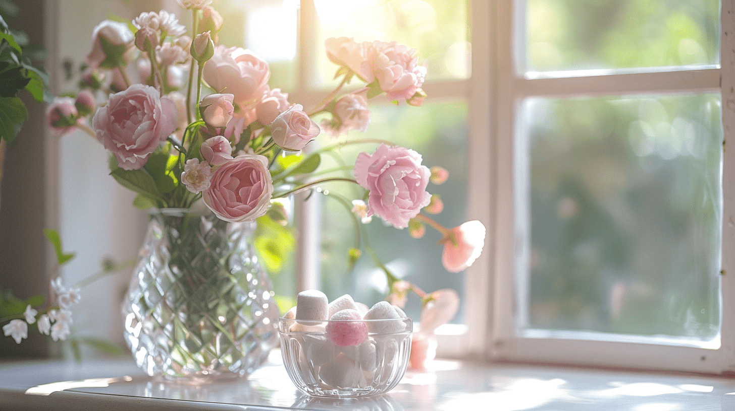 A crystal bucket of Flowers and a vase with freshest marshmallow in an Italian style hall with big windows