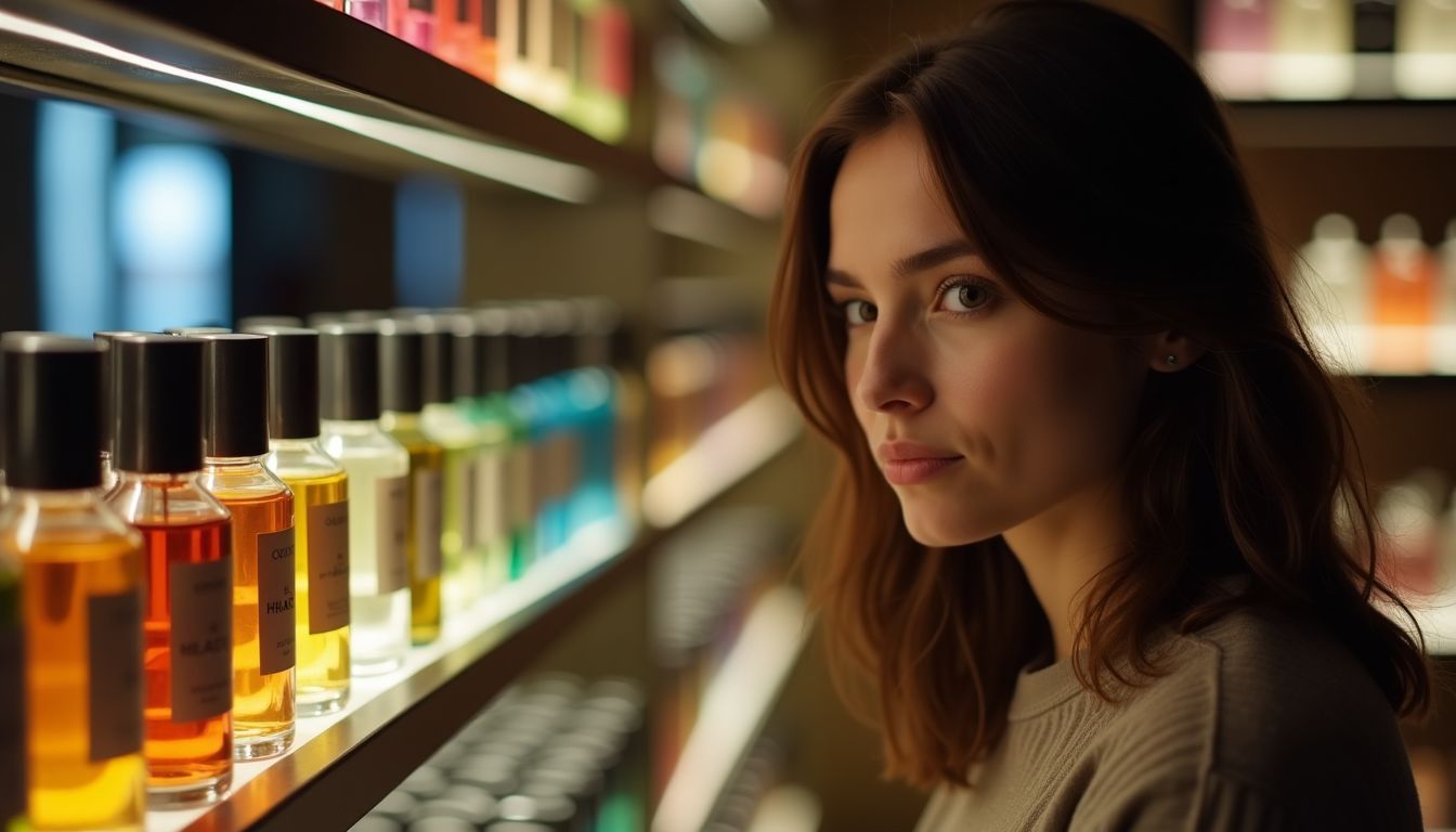 A woman browsing perfume bottles in a boutique.