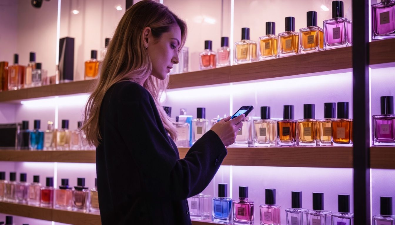 A woman in her 30s is seen carefully examining different perfume bottles in a boutique shop.