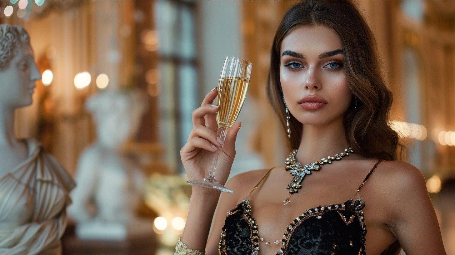 Beautiful model woman in short evening gown, jewelry and high heels posing for expensive perfume ad campaign holding up her champagne glass