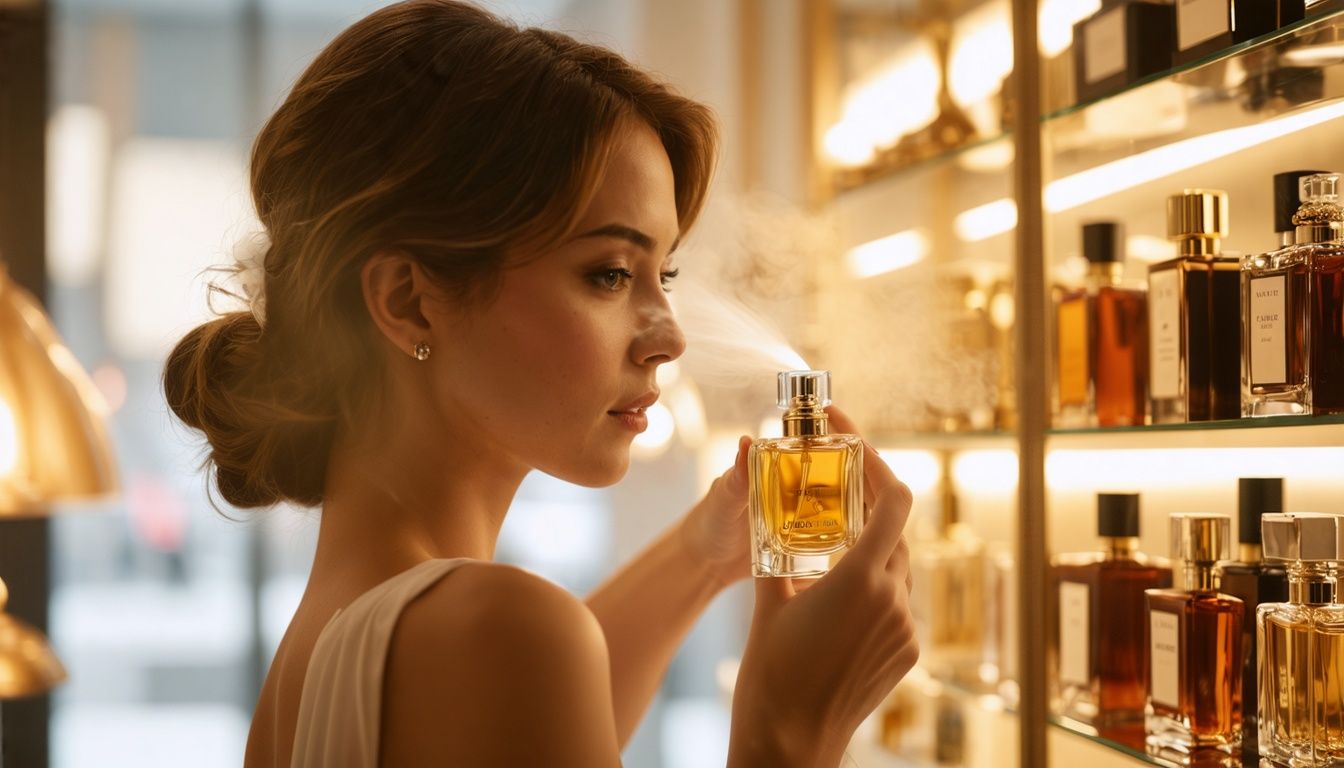 a young woman is in the fragrance store spraying one perfume