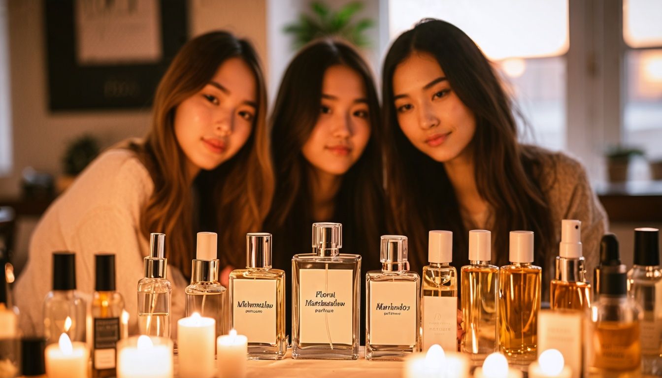 Three young women gathered around a table covered with perfume bottles, with a focus on a bottle labeled Floral Marshmallow Perfume.