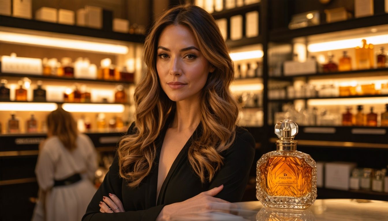 A woman in her mid-30s holding a bottle of Sensual Amber Perfume in a luxurious boutique setting