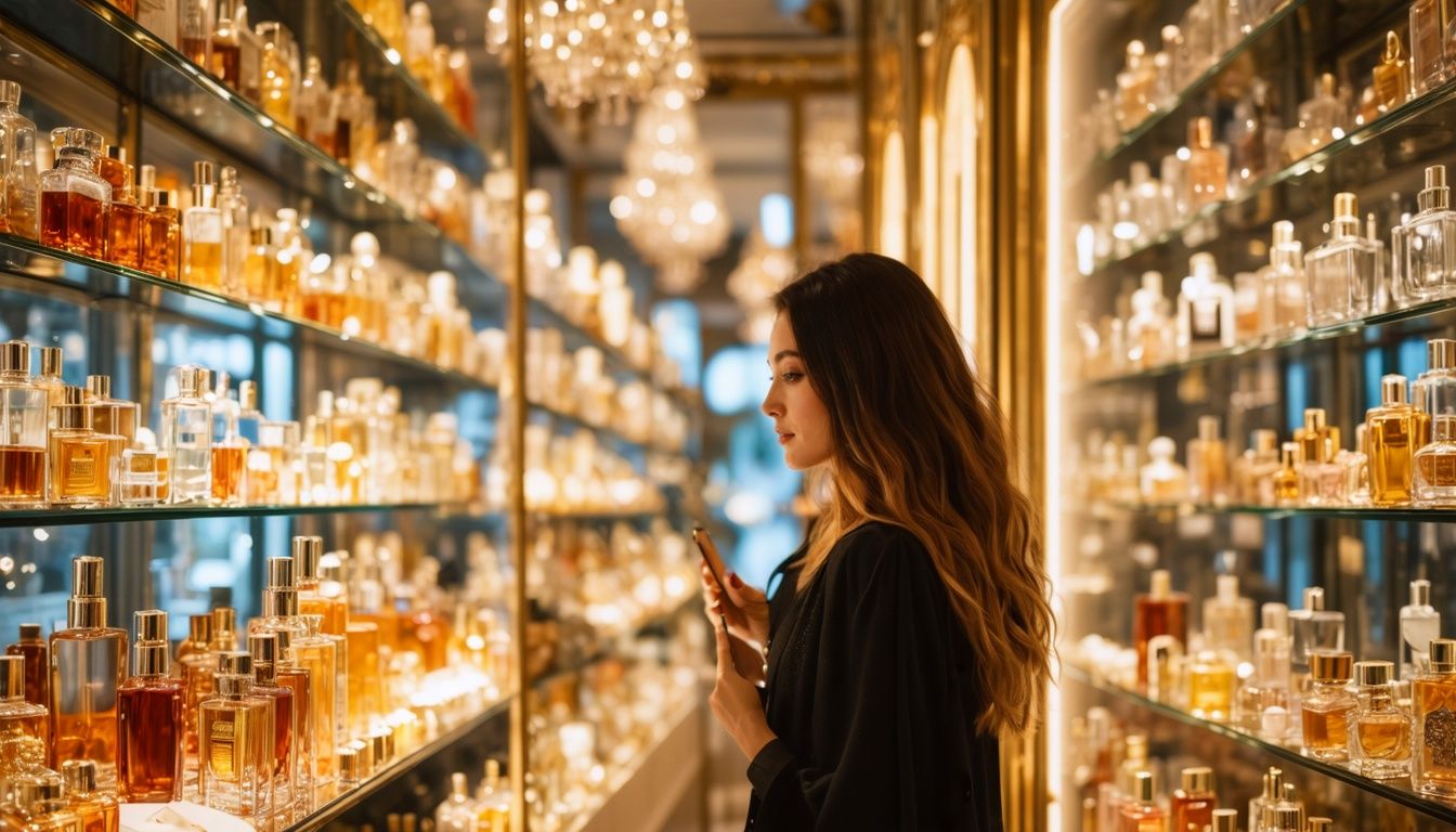 A woman in her 30s exploring a luxurious perfume boutique