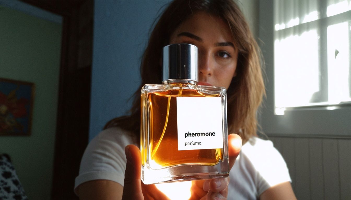 A young woman and a pheromone perfume bottle in front of her