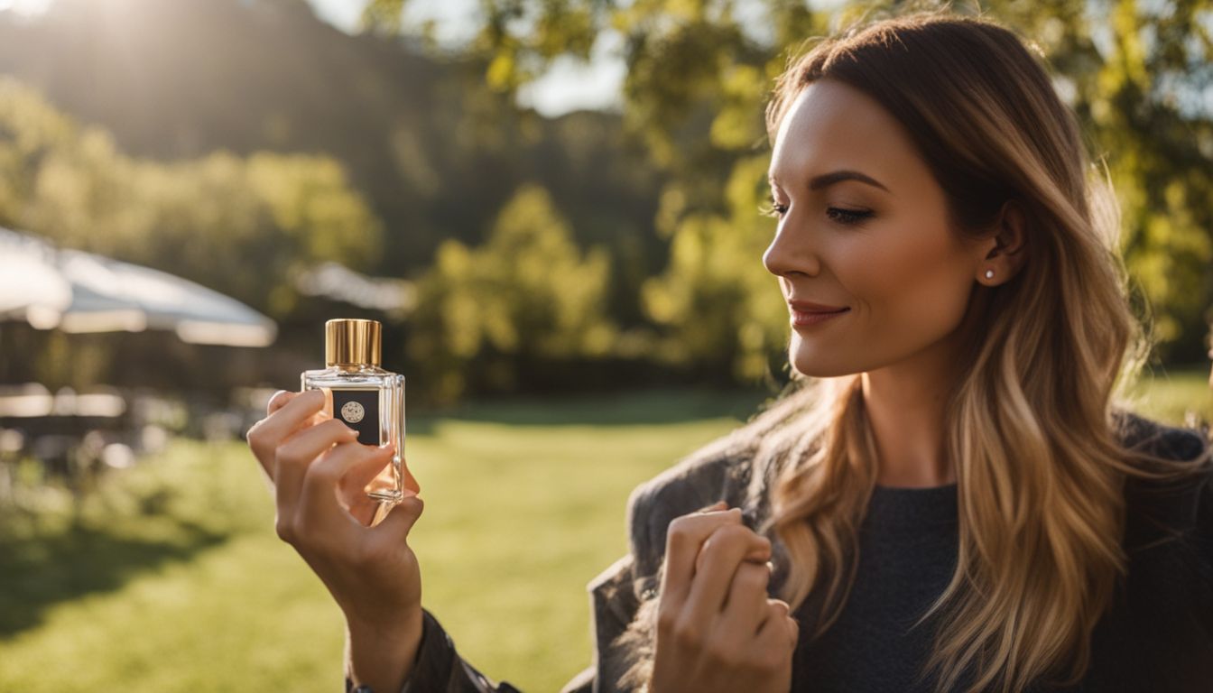 A woman is trying out pheromone perfume in a sunny day outdoor