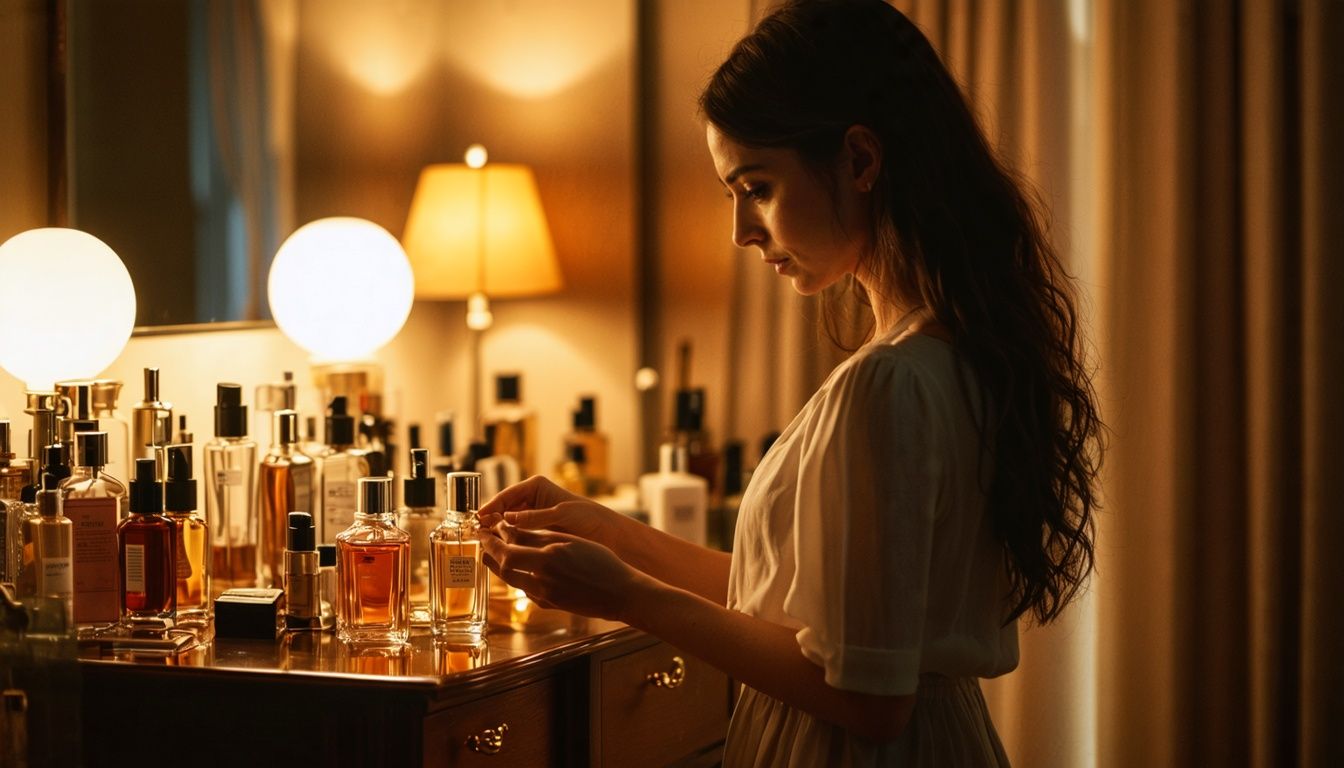 A woman in her mid-30s selecting a bottle of pheromone perfume with a curious and intrigued expression