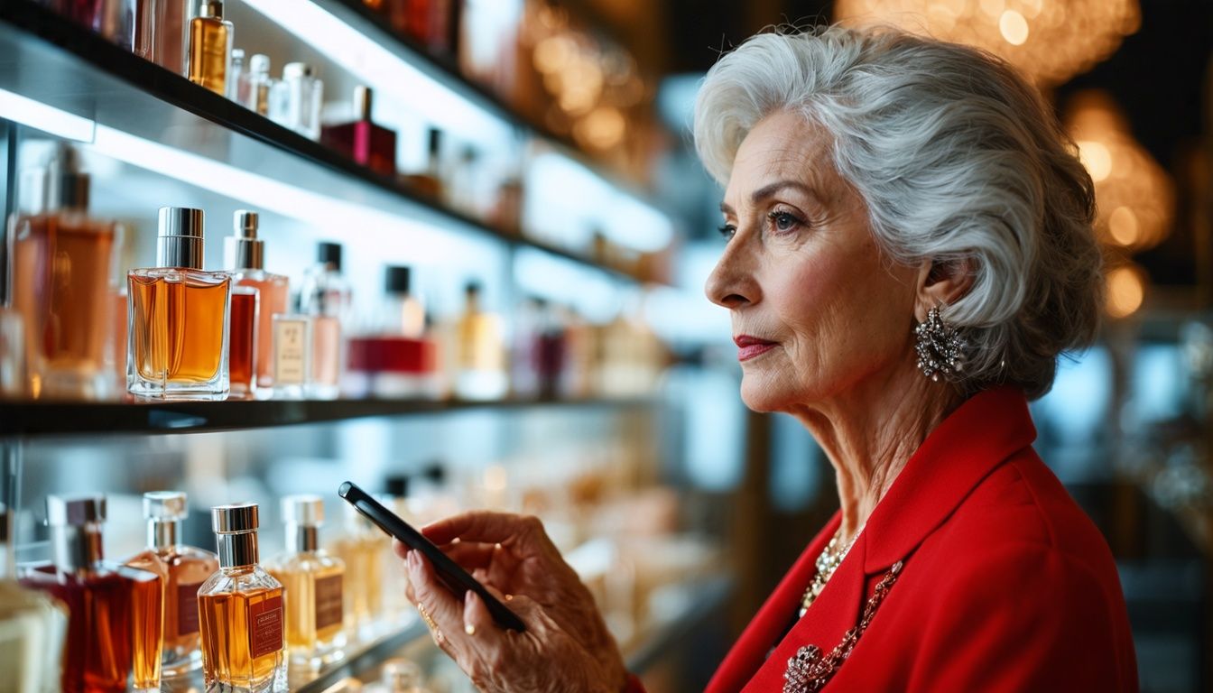 A lady in her 50-s in front of a shelf with pheromone perfumes