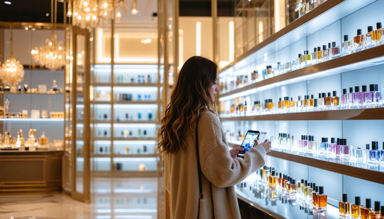 A woman in her mid-30s explores pheromone-infused perfumes in a stylish fragrance store