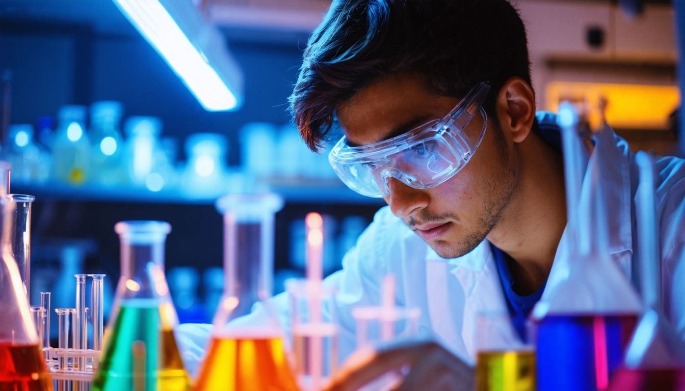 A young scientist conducts precise experiments with colorful liquids to explore pheromone scents