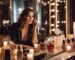 A woman in her mid-30s sits at a vanity with a collection of Sensual Perfumes for Women in a warm and inviting setting