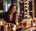 A woman in her mid-30s sits at a vanity with a collection of Sensual Perfumes for Women in a warm and inviting setting