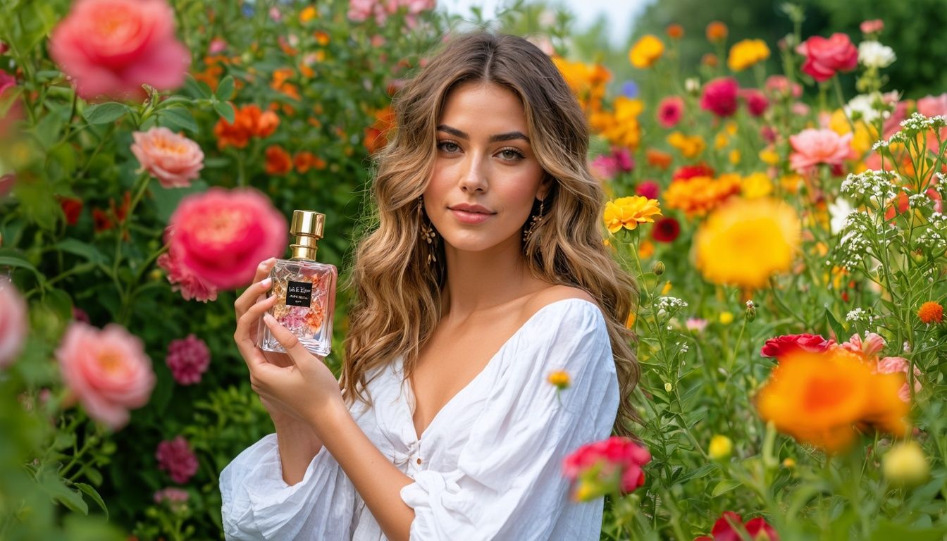 A stylish woman in her late twenties happily holds a top-rated perfume bottle in a blooming garden.