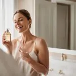 A woman in her late 30s eagerly applies perfume