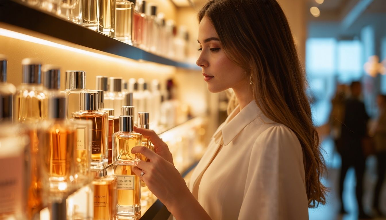 A young woman in her late 20s carefully selects a pheromone-infused fragrance in an elegant perfume boutique