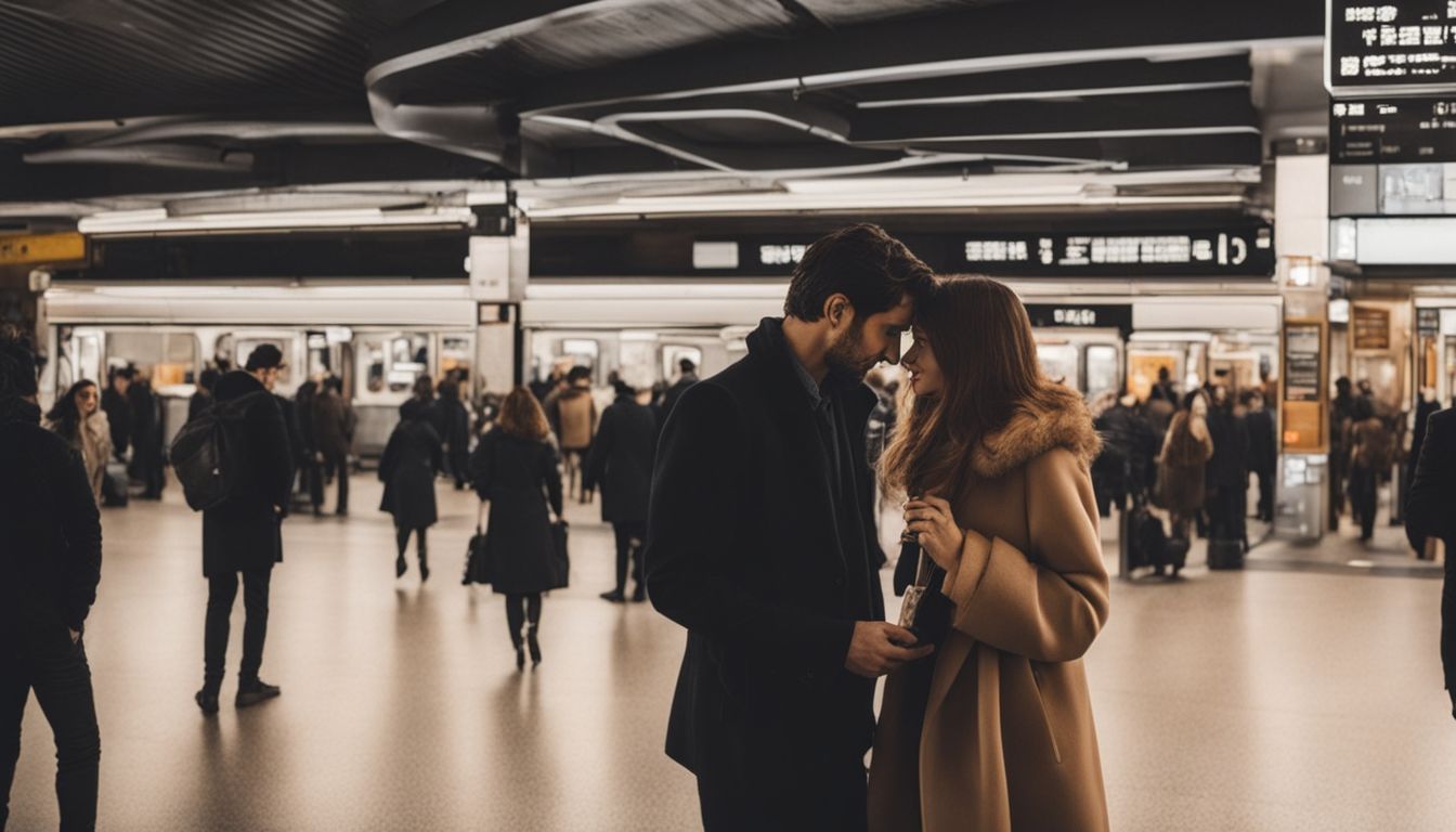 A man and woman in a crowded train station, showcasing the allure of pheromone perfumes