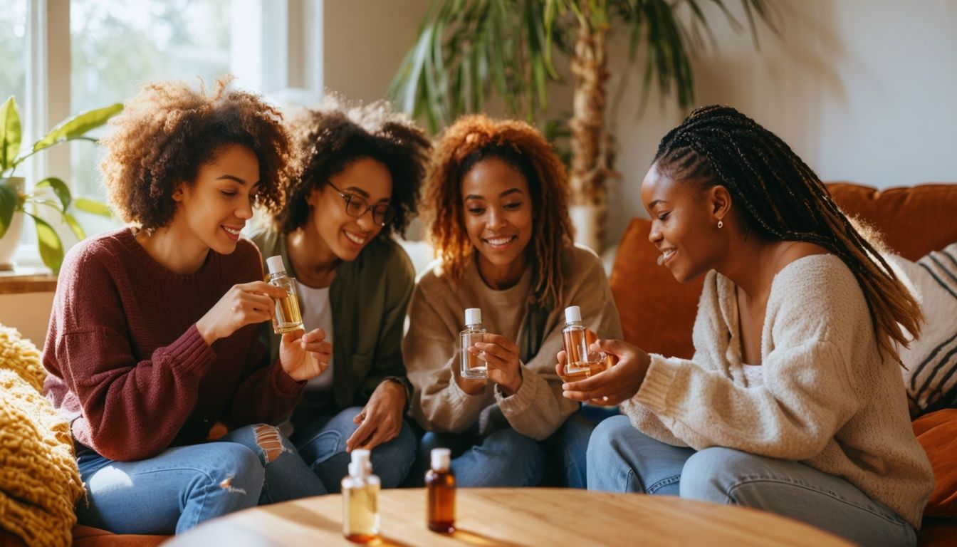 A group of young friends testing pheromone perfumes in a cozy living room.