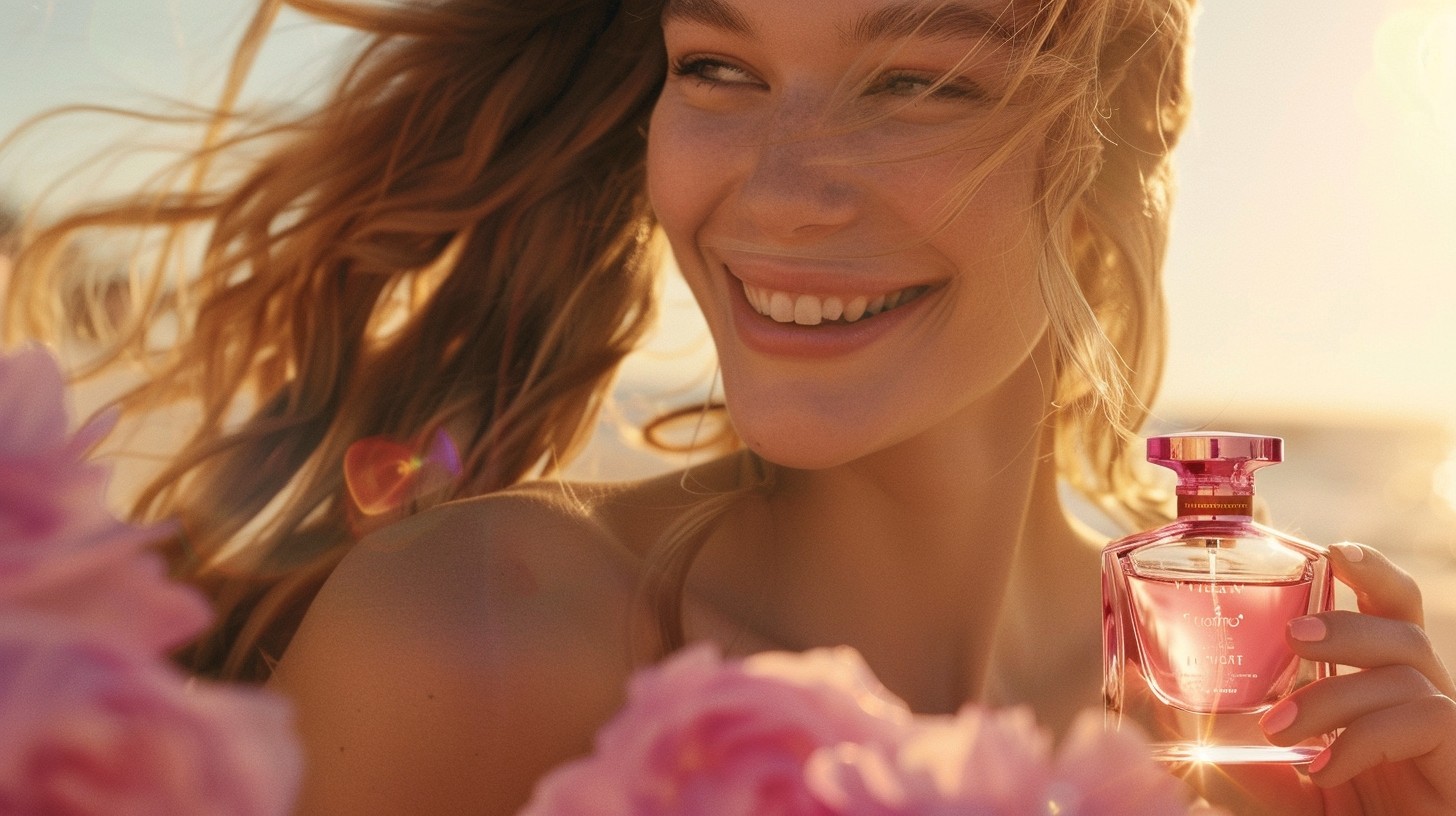 a young blonde female model outdoor smiling holds a perfume bottle for women, pink colors