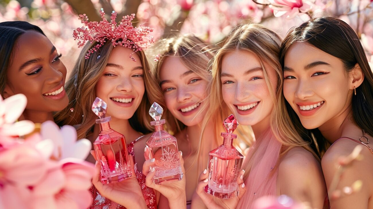 five diverse female top models with crystal perfume bottles for women smiling