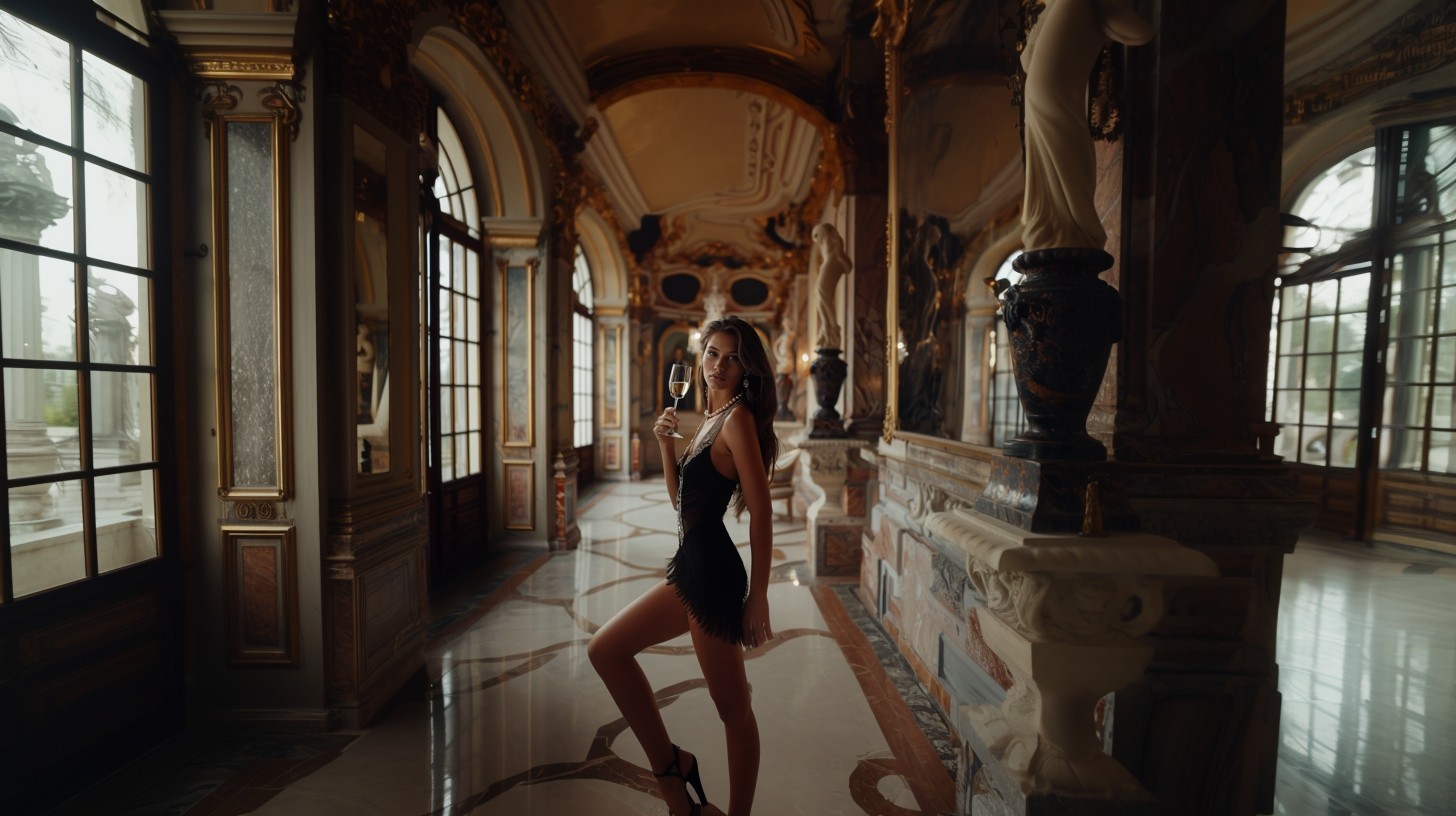 model in short evening gown with feathers and high heels posing for expensive perfume ad campaign holding up her champagne glass